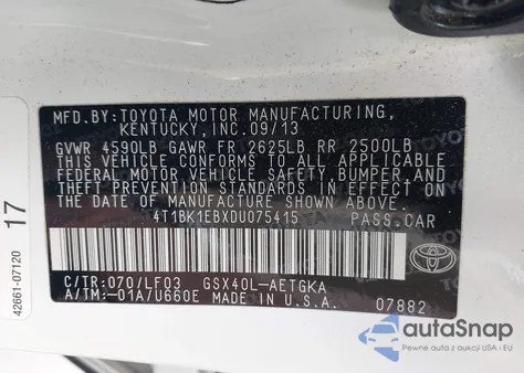 2013 Toyota Avalon Xle Premium из США, поврежденный, VIN 4T1BK1EBXDU075415